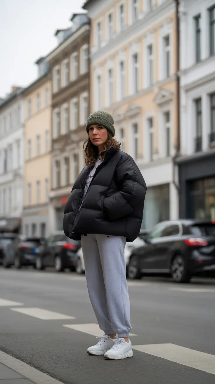 sweatpants outfits ideas for women 2026 - Black Puffer With Grey Joggers And Olive Beanie