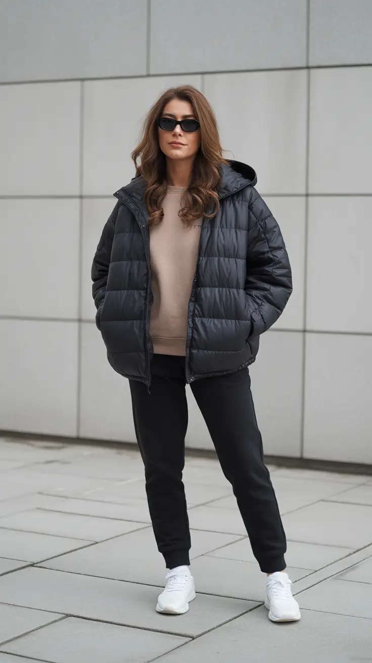 sweatpants outfits ideas for women 2026 - Black Joggers With Quilted Parka And Minimal Neutrals