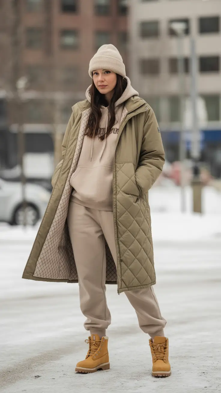 sweatpants outfits ideas for women 2026 - Quilted Olive Maxi Coat With Sand Tones