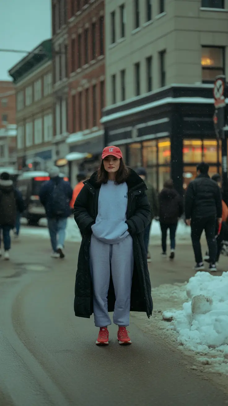 sweatpants outfits ideas for women 2026 - City Puffer + Grey Set With Red Pops