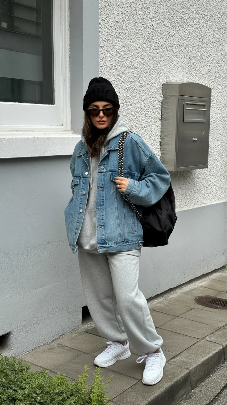 sweatpants outfits ideas for women 2026 - Denim Jacket Layered Over Heather Grey