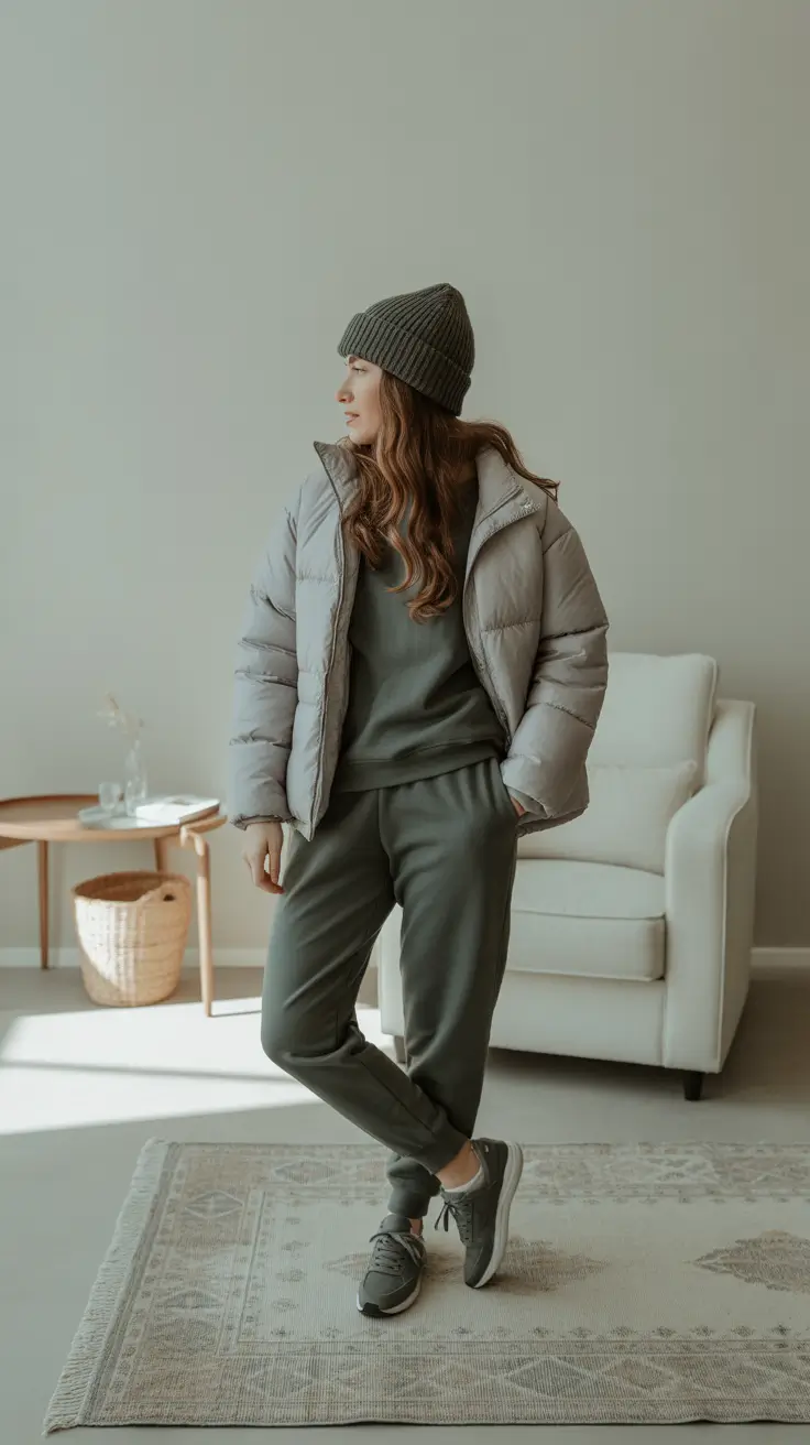 sweatpants outfits ideas for women 2026 - Evergreen Monochrome With Cloud Puffer
