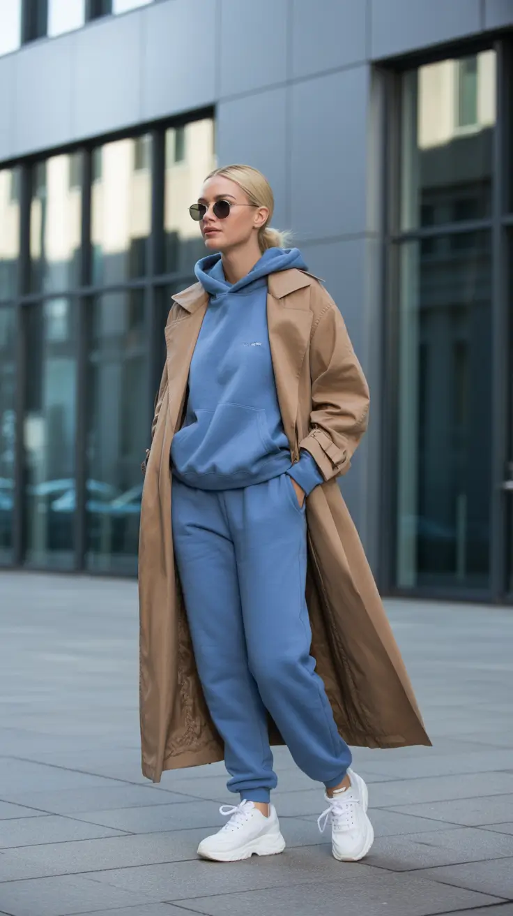 sweatpants outfits ideas for women 2026 - Blue Hoodie Set Under a Classic Trench