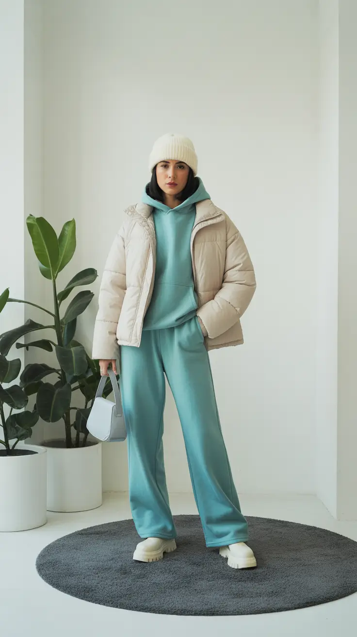 sweatpants outfits ideas for women 2026 - Sea-Glass Set With Cream Puffer And Wide Sole Boots