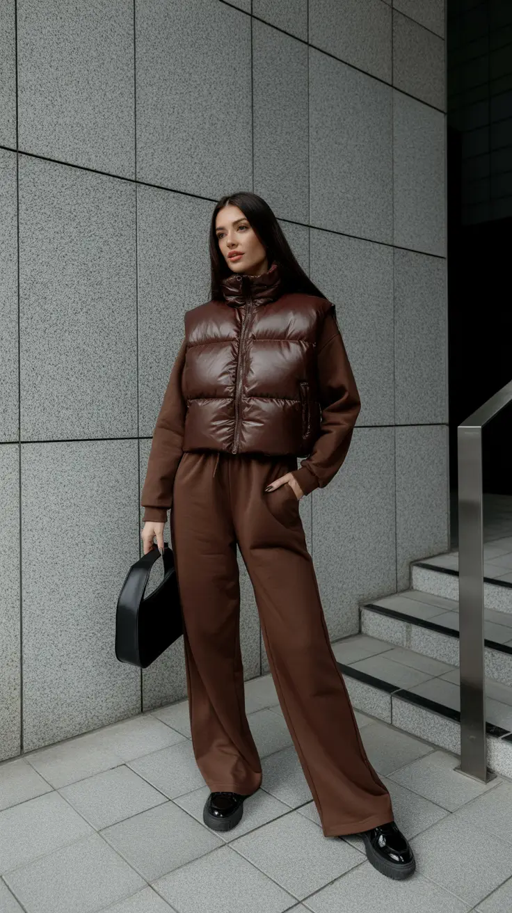 sweatpants outfits ideas for women 2026 - Chocolate Tonal Set With Glossy Puffer Vest