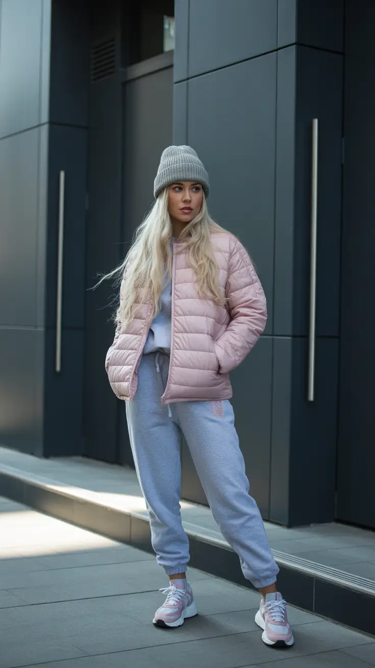 sweatpants outfits ideas for women 2026 - Soft Pink Puffer With Cozy Grey Set