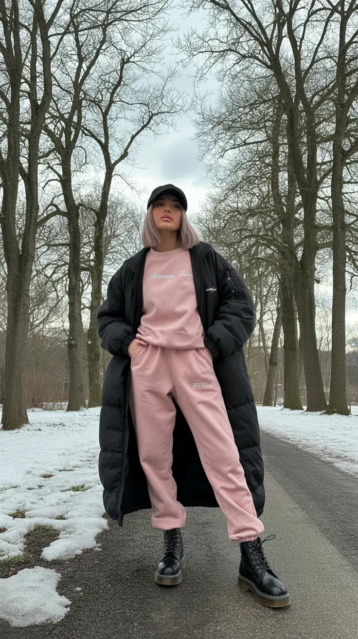 sweatpants outfits ideas for women 2026 - Bubblegum Set With Maxi Puffer and Boots