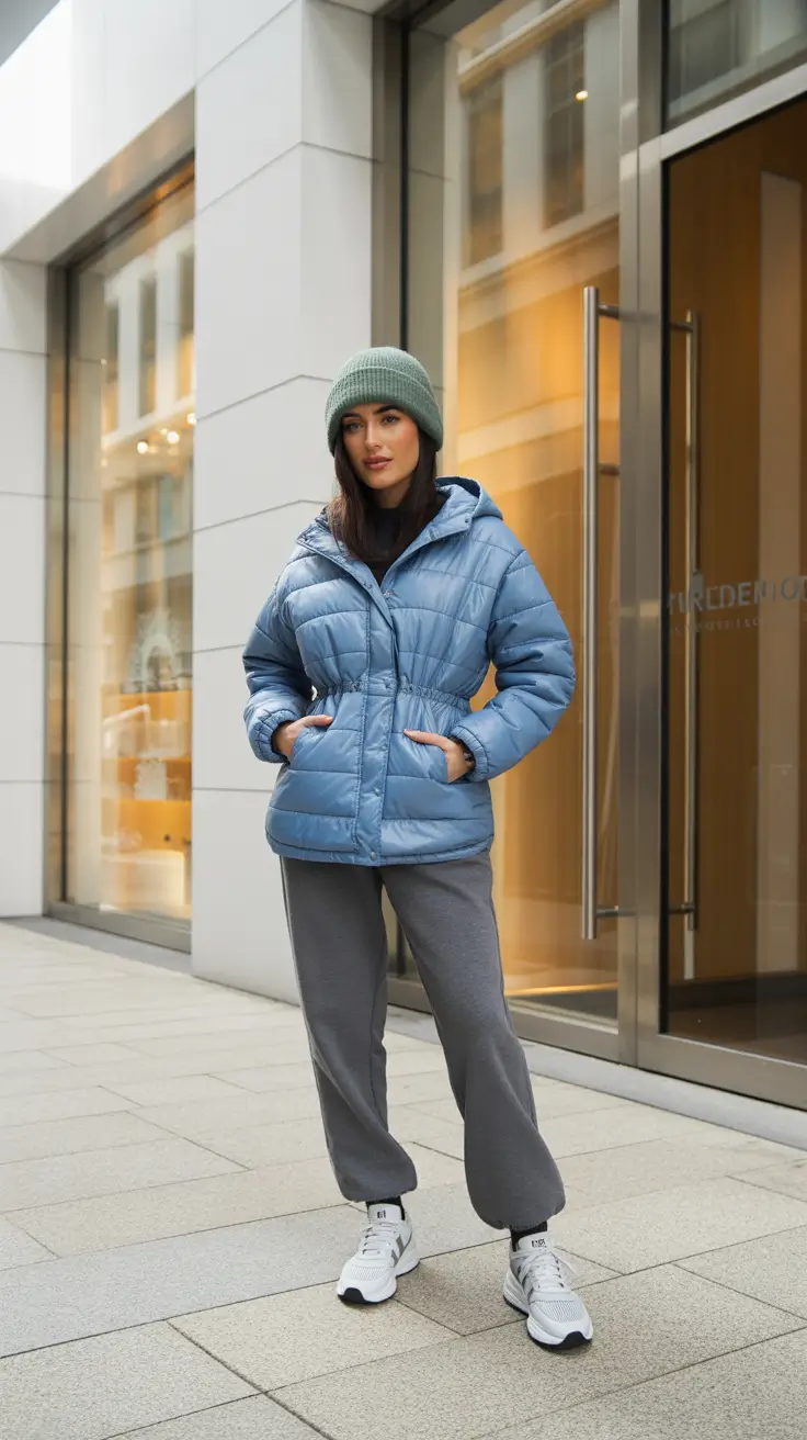 sweatpants outfits ideas for women 2026 - Sky-Blue Puffer and Charcoal Joggers
