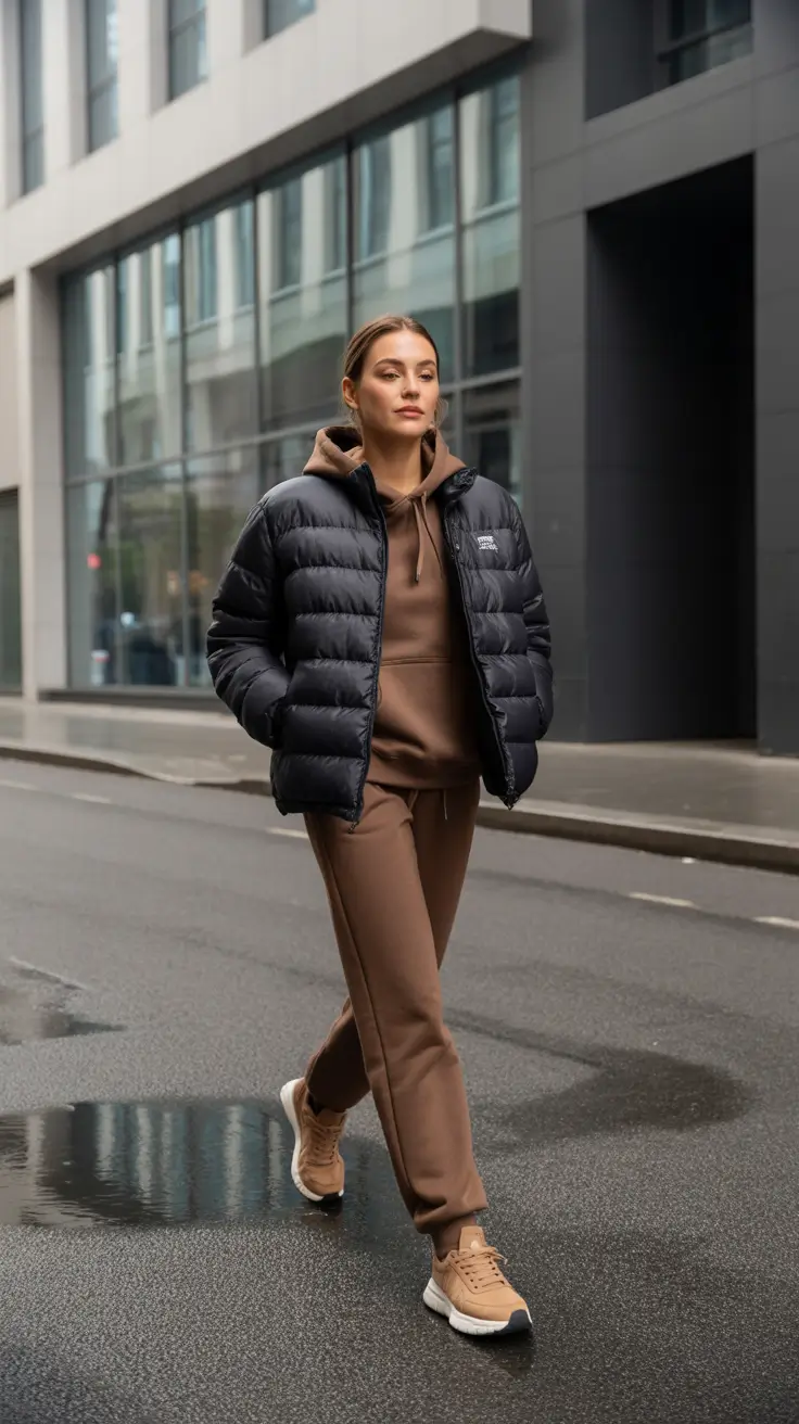 sweatpants outfits ideas for women 2026 - Cocoa Monochrome With City Puffer