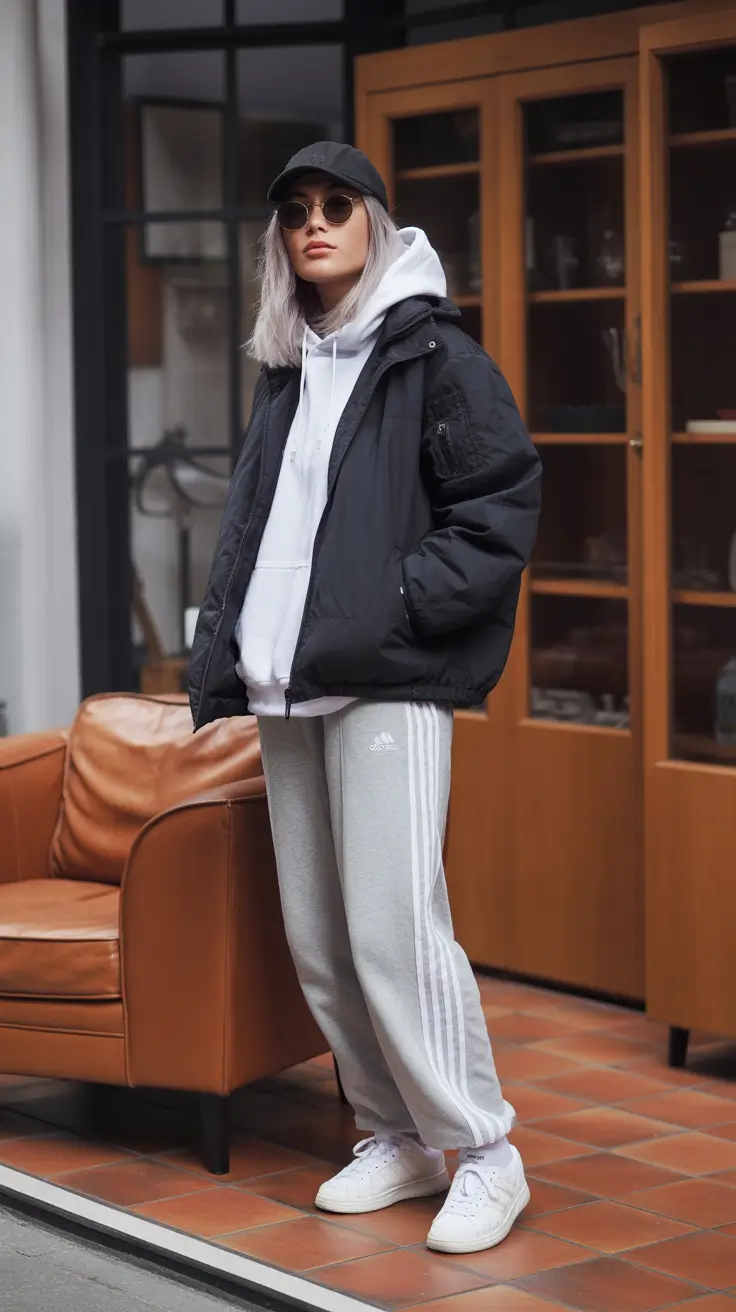 sweatpants outfits ideas for women 2026 - Athleisure Classics - Grey Stripes And Street Puffer