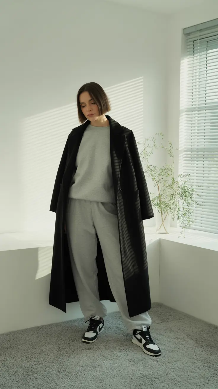 sweatpants outfits ideas for women 2026 - Minimal Grey Set With Dramatic Coat