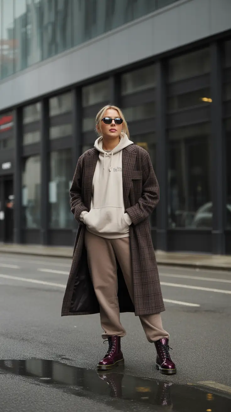 sweatpants outfits ideas for women 2026 - Plaid Coat Over Neutrals - Street-Smart Mix