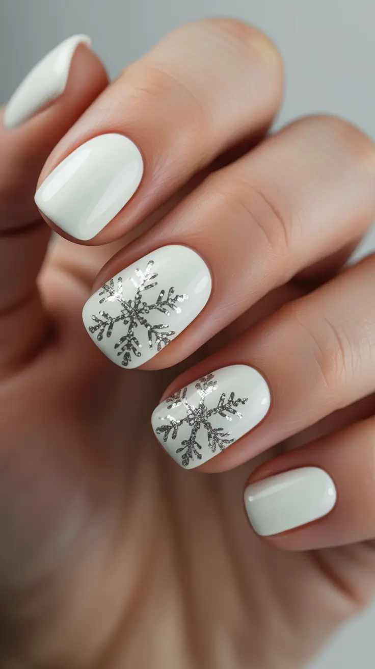 Stylish White Christmas Nails 2025 - Clean Snowflake Squares