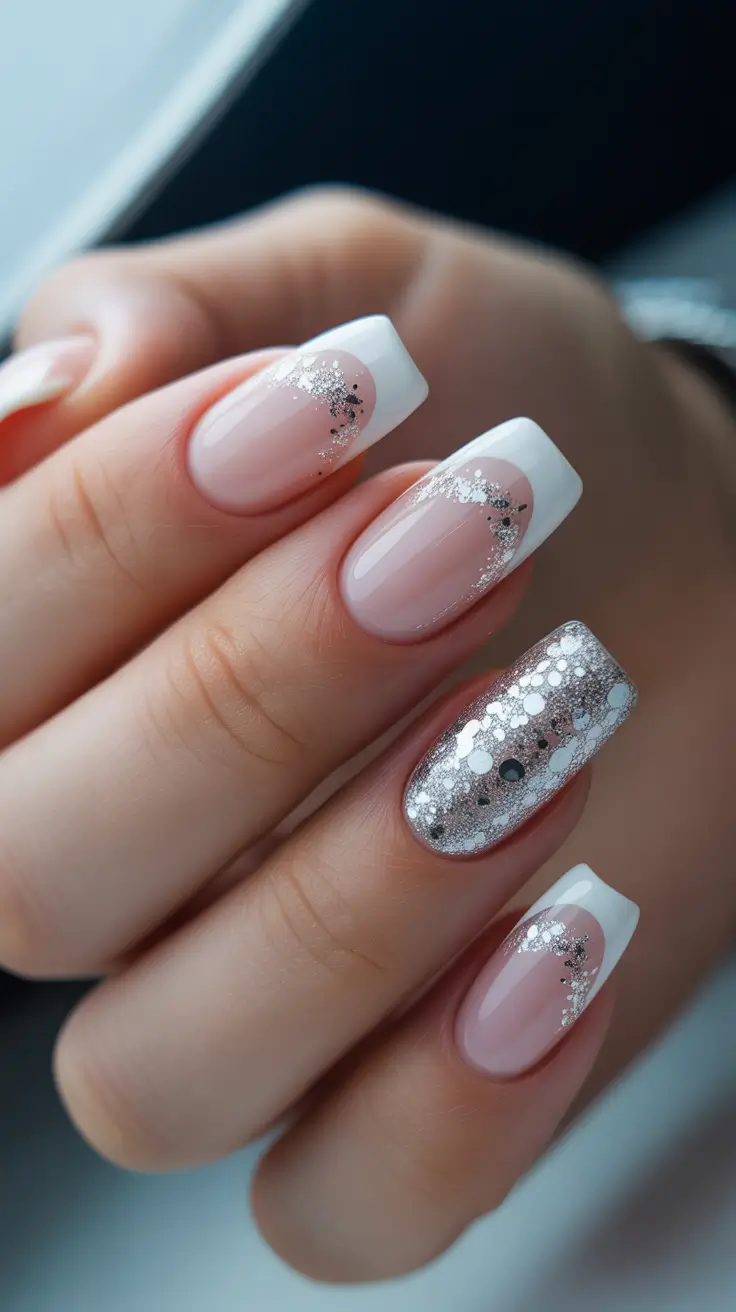 Stylish White Christmas Nails 2025 - French Shimmer With Party-Glitter Feature