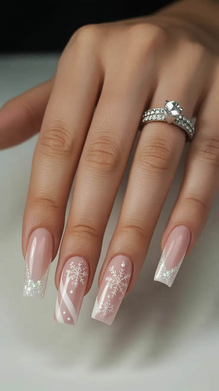 Stylish White Christmas Nails 2025 - Crystal-Trim Coffin French with Candy-Stripe Snowflakes