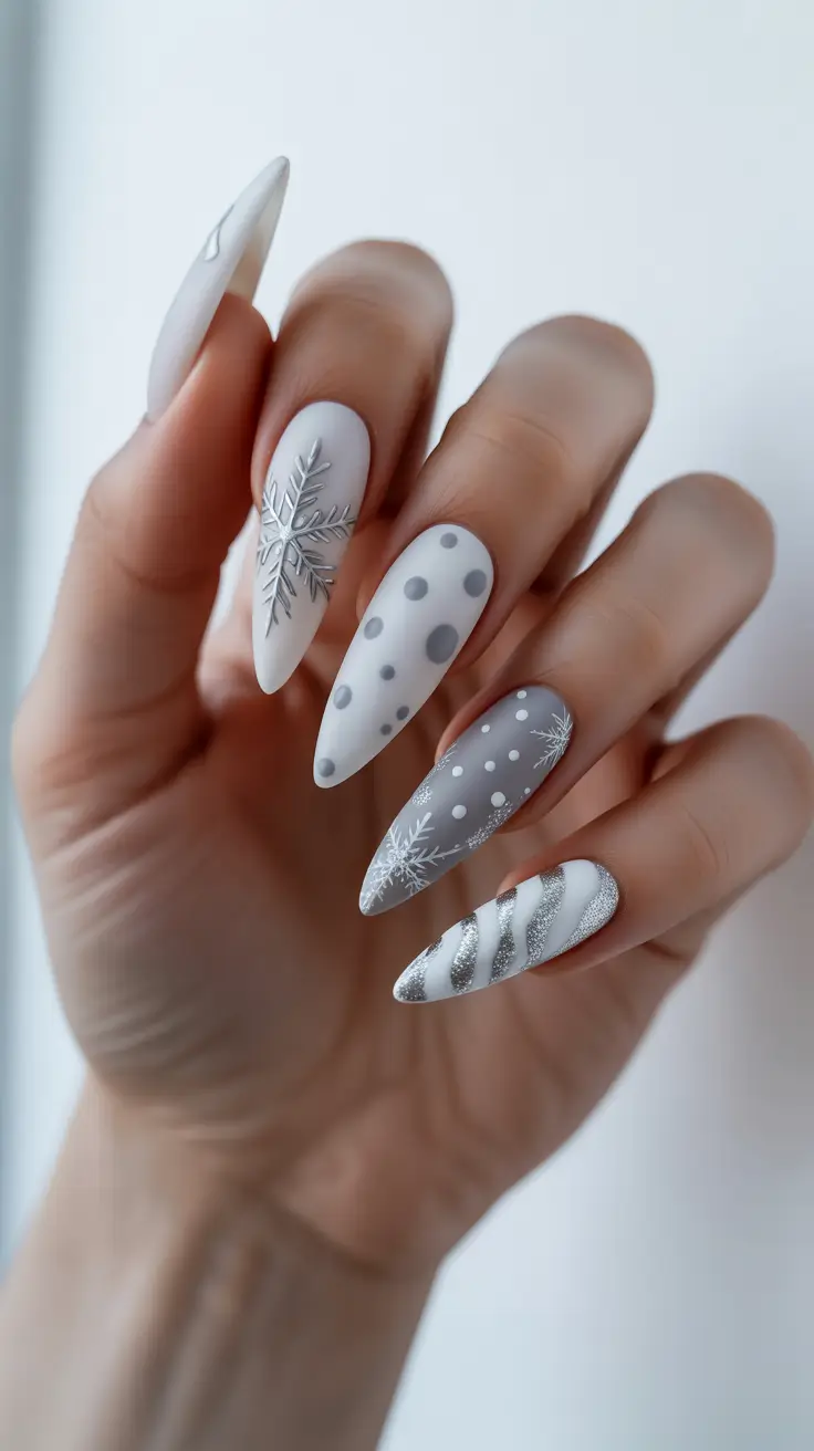 Stylish White Christmas Nails 2025 - Matte Snowstorm Almonds in White and Pewter