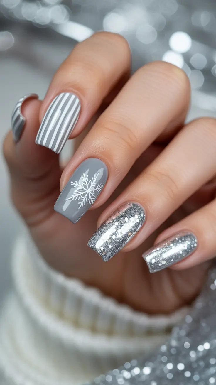 Stylish White Christmas Nails 2025 - Grey Stripes and Mirror Chrome Mix