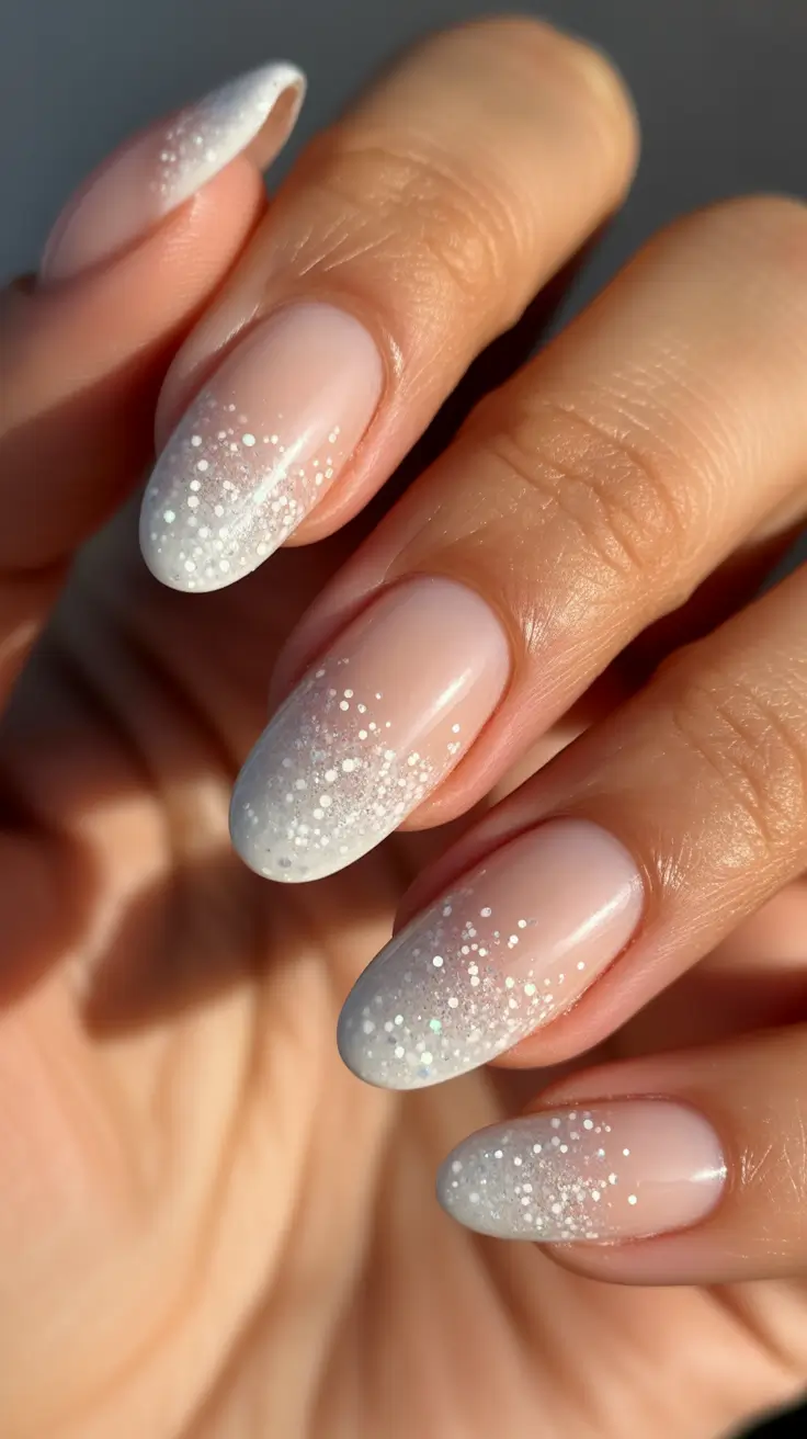 Stylish White Christmas Nails 2025 - Soft Snowfall Gradient on Milky Almonds