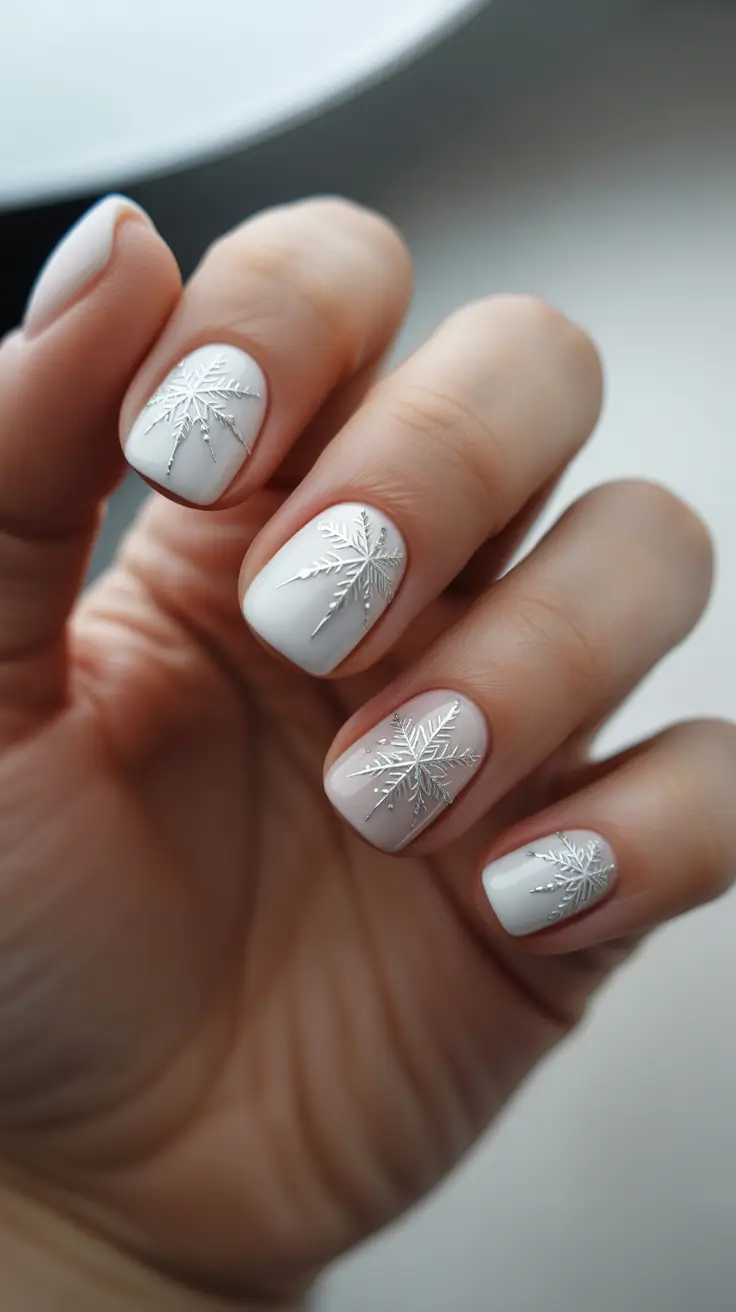 Stylish White Christmas Nails 2025 - Short Ivory Petals with Foiled Snowflakes
