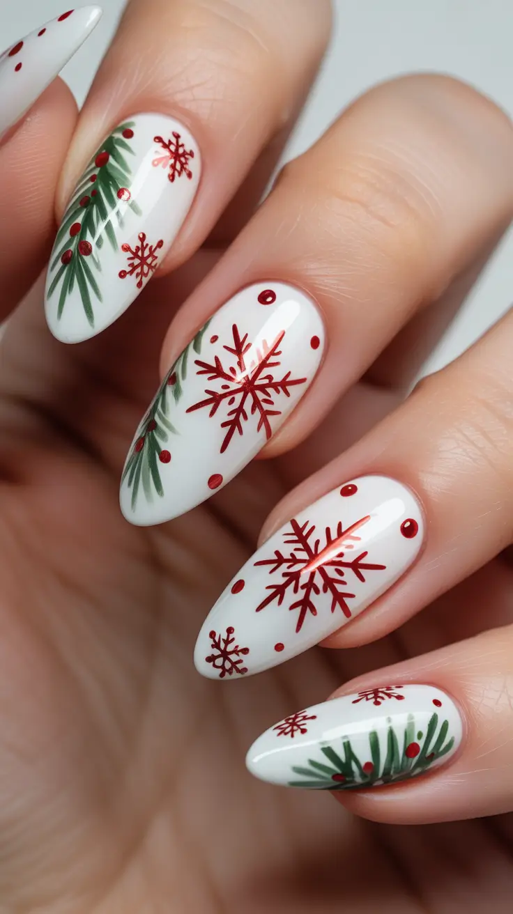 Stylish White Christmas Nails 2025 - Almond Reds And Evergreen Snowflakes