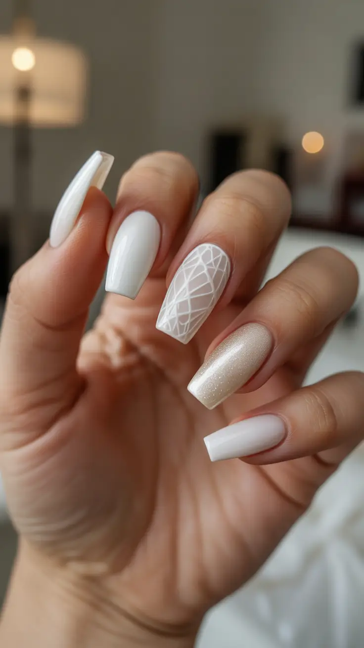 Stylish White Christmas Nails 2025 - Modern Ivory Mix On Soft Coffin
