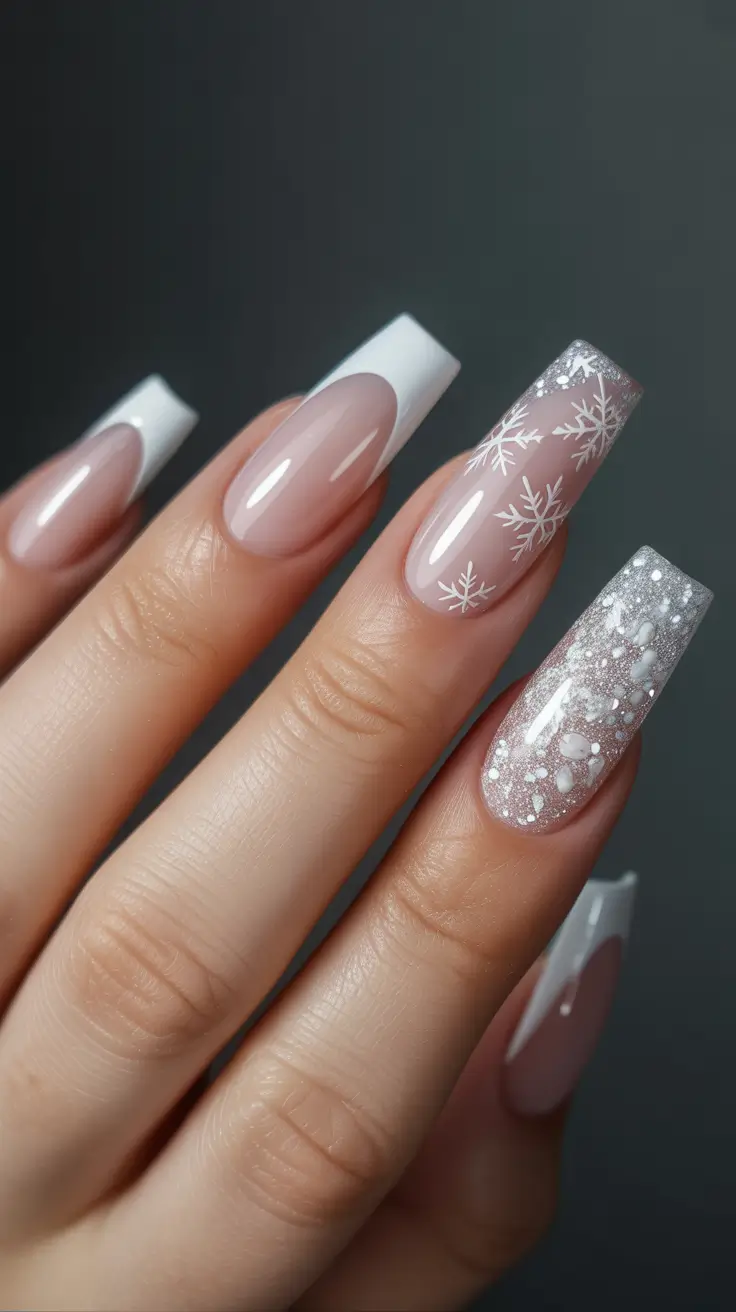 Stylish White Christmas Nails 2025 - French Sleigh Ride With Frosted Accents