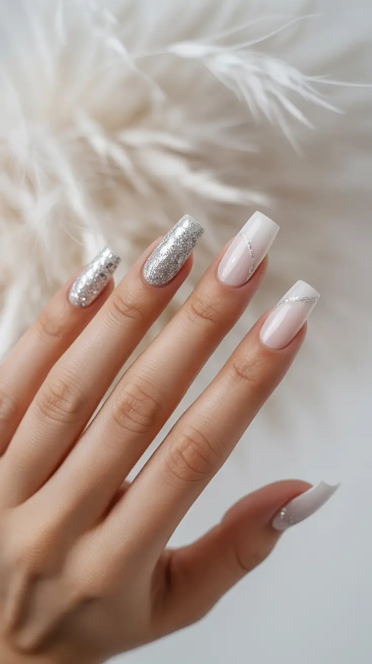 Stylish White Christmas Nails 2025 - Silver Ribbon French On Clean Square