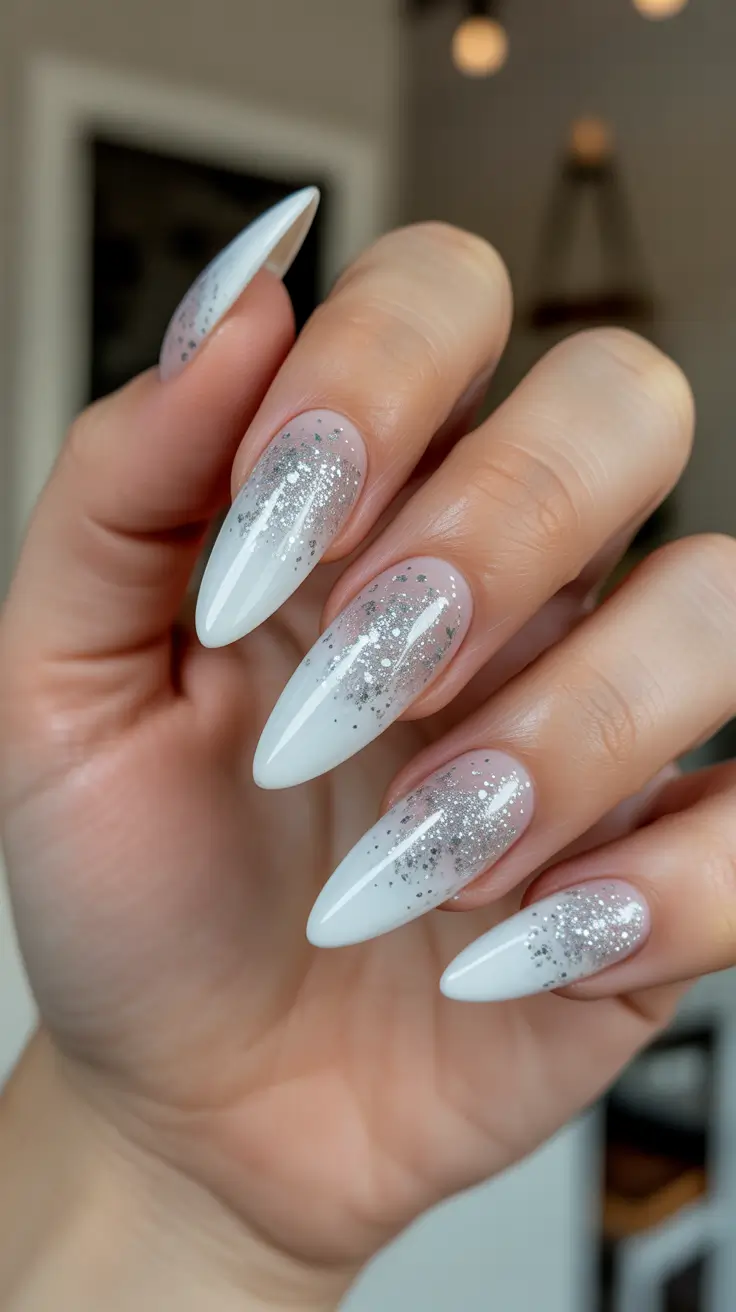Stylish White Christmas Nails 2025 - Frosted Almond Ombre