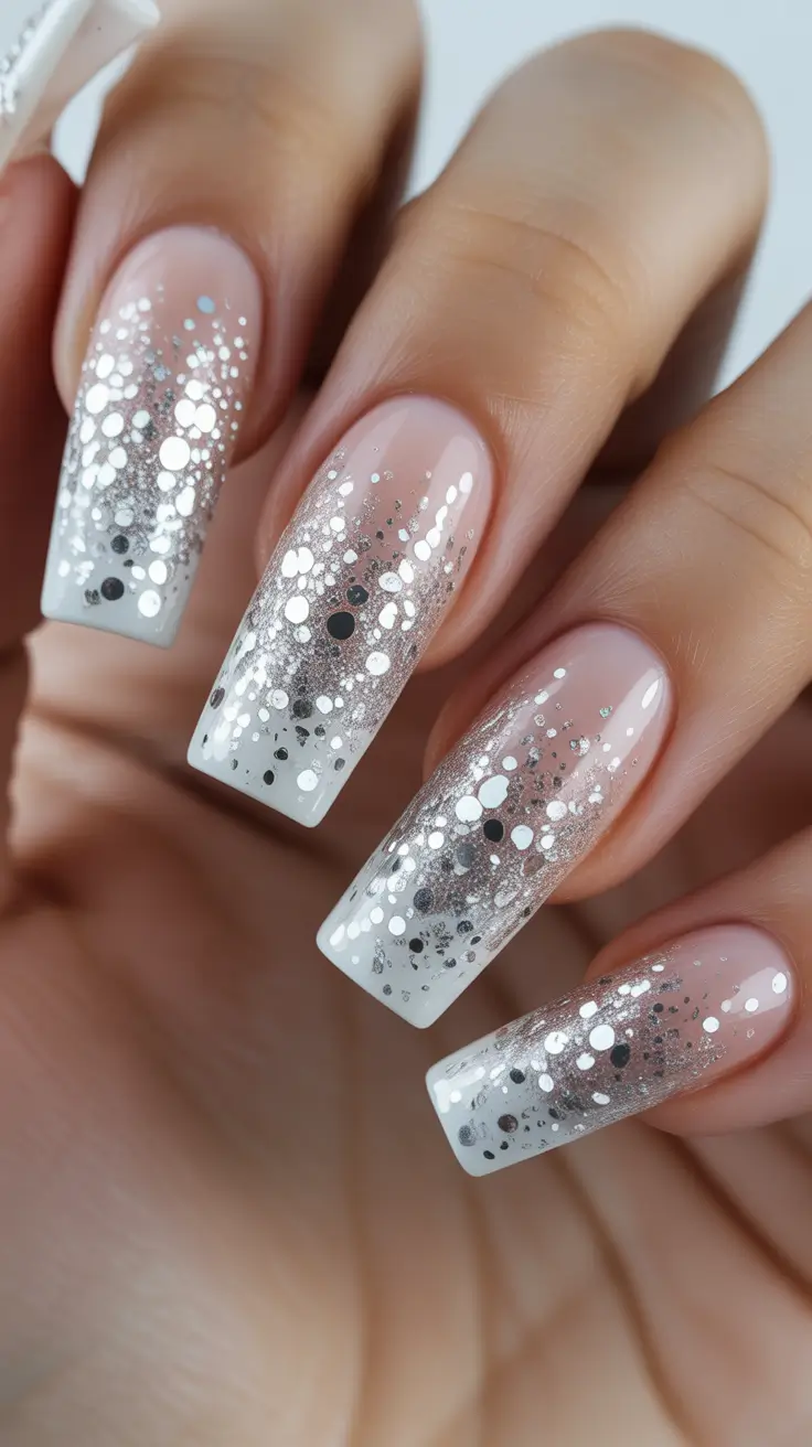 Stylish White Christmas Nails 2025 - Falling Snow Glitter Gradient