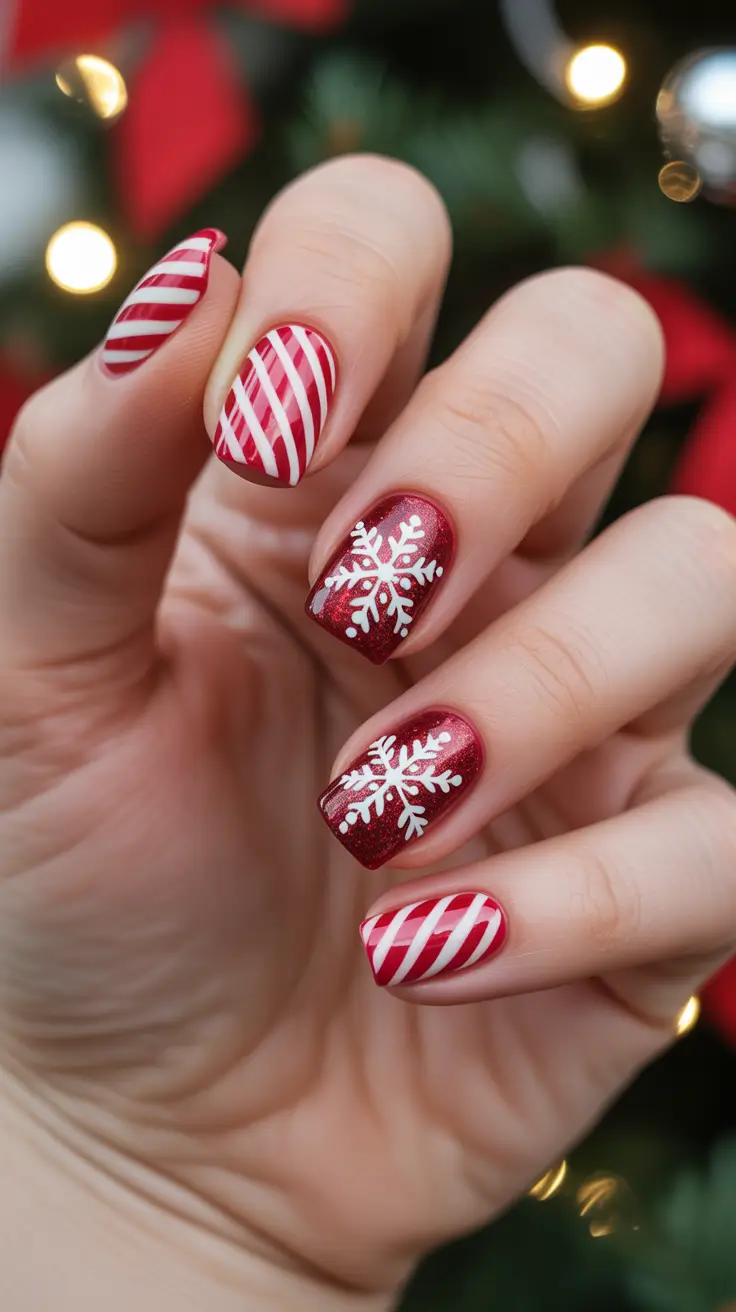 Stylish White Christmas Nails 2025 - Candy Cane Shorties With White Snowflakes