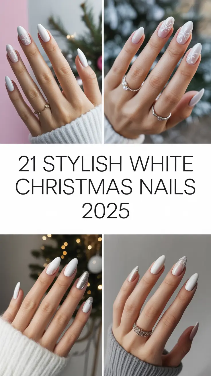 Stylish White Christmas Nails 2025 – Elegant Glitter and Snowflake Holiday Designs