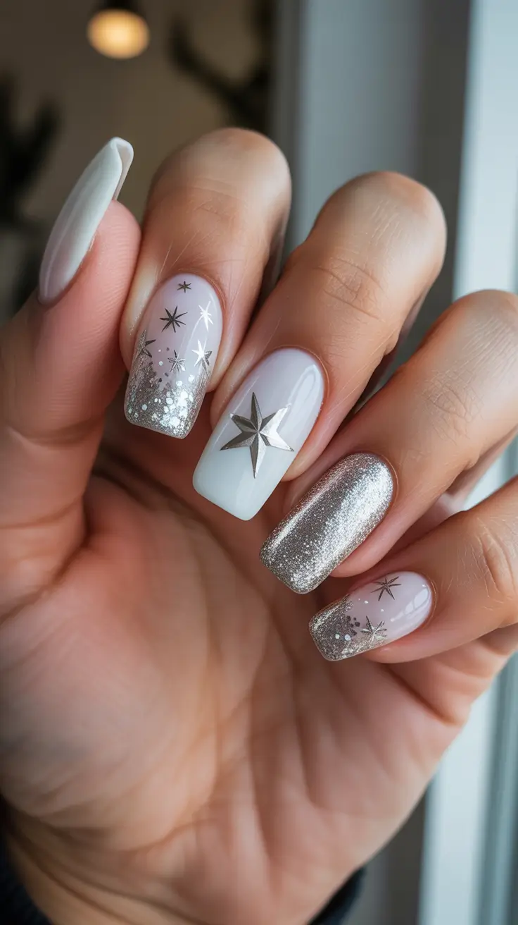 Stylish White Christmas Nails 2025 - Starlit Mix-and-Match