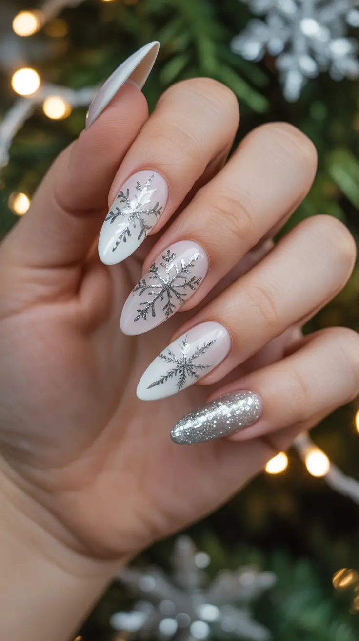 Stylish White Christmas Nails 2025 - Snowflake Almonds with Sparkle Accent