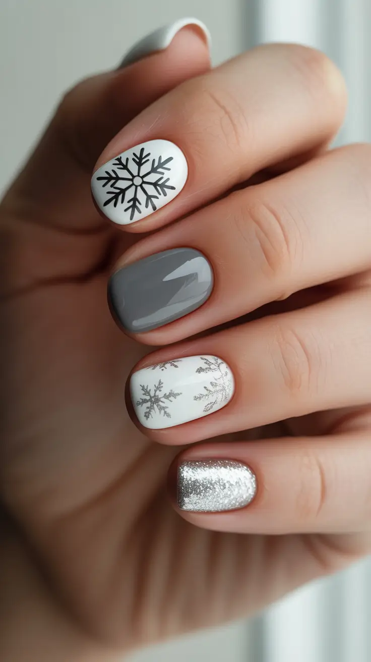 Stylish White Christmas Nails 2025 - Monochrome Snowflakes with Chrome Pop
