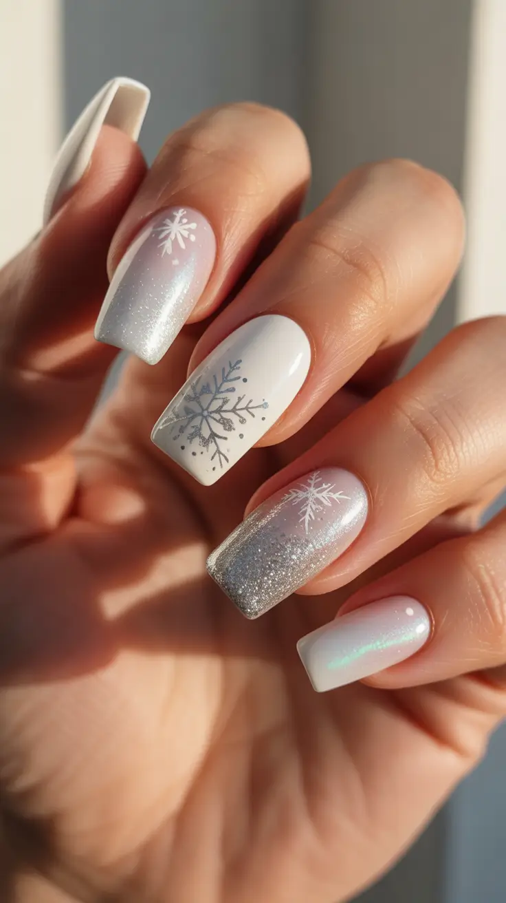 Stylish White Christmas Nails 2025 - Snowflake Ombre With Silver Mist