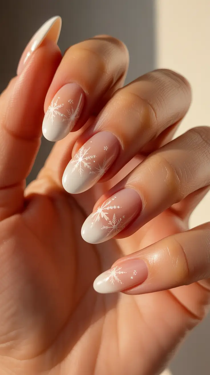 Stylish White Christmas Nails 2025 - Soft French Almond With Tiny Snowflakes