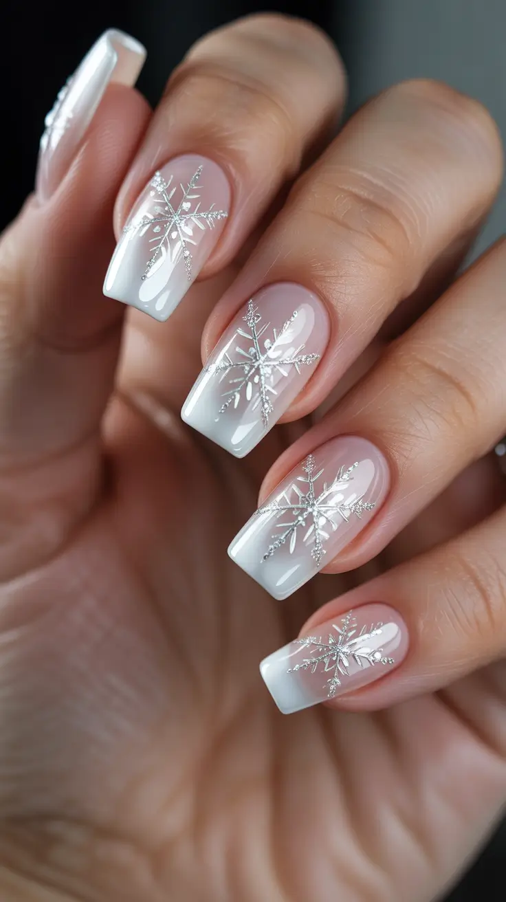 Stylish White Christmas Nails 2025 - Icy Square Gradient With Silver Snowflakes