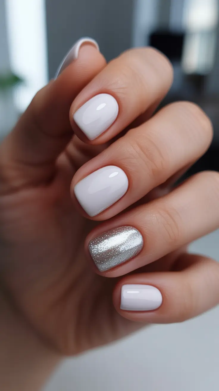 Stylish White Christmas Nails 2025 - Minimal Short White With Silver Accent