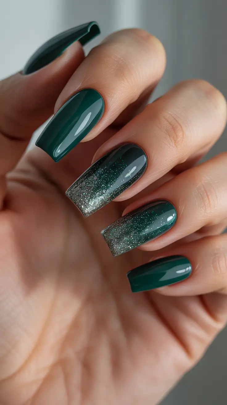Modern Acrylic Nails Winter 2025–2026 – Deep Evergreen With Silver Frost Fade