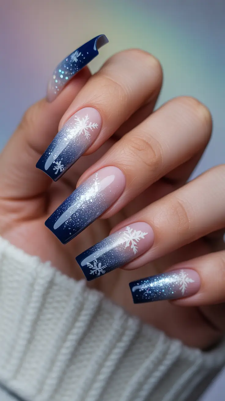 Modern Acrylic Nails Winter 2025–2026 – Blue Icicle Ombre Coffin