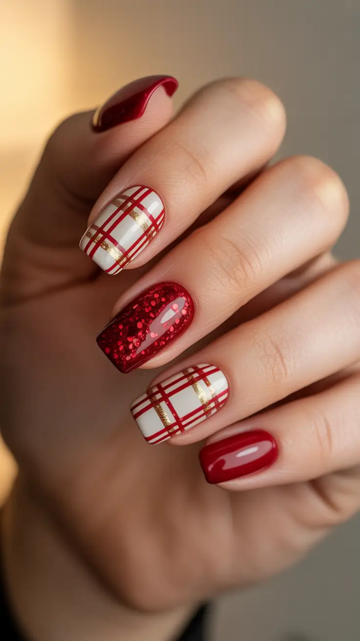 Modern Acrylic Nails Winter 2025–2026 – Gilded Tartan Red