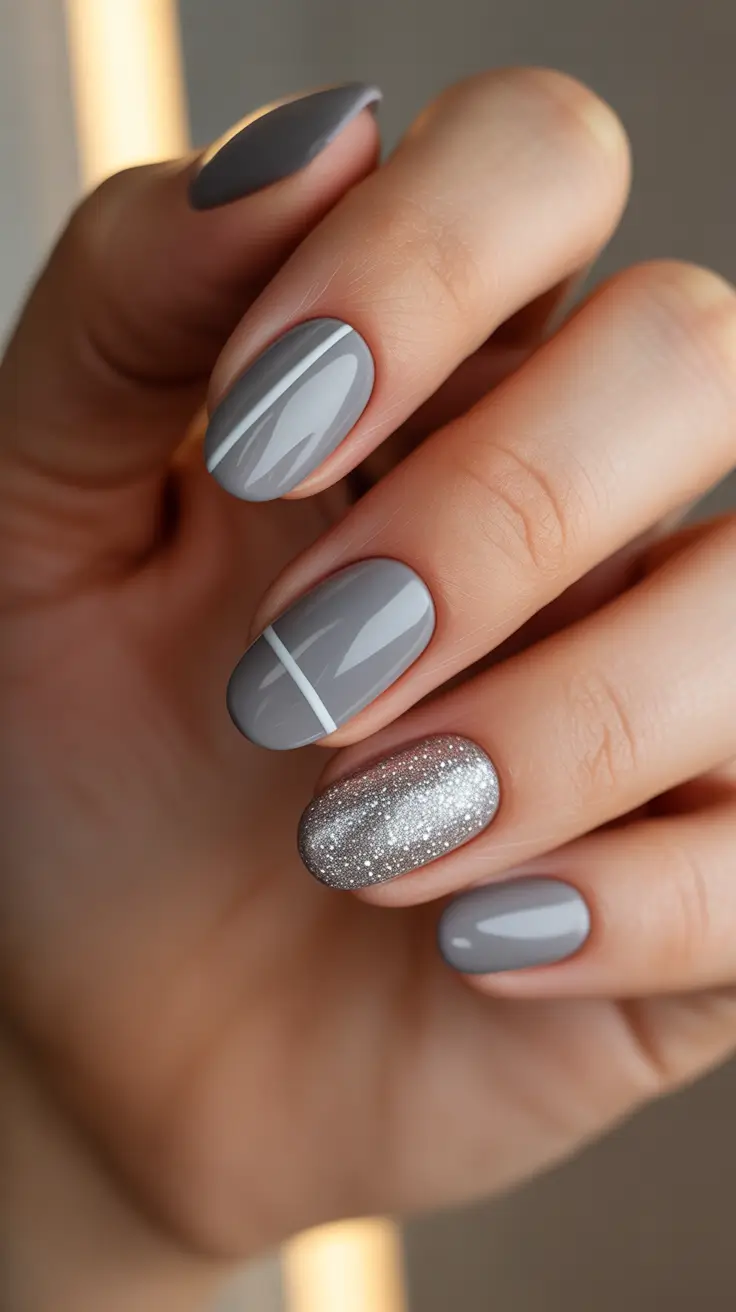 Modern Acrylic Nails Winter 2025-2026 – Minimal grey almond with chrome snow-dust accent