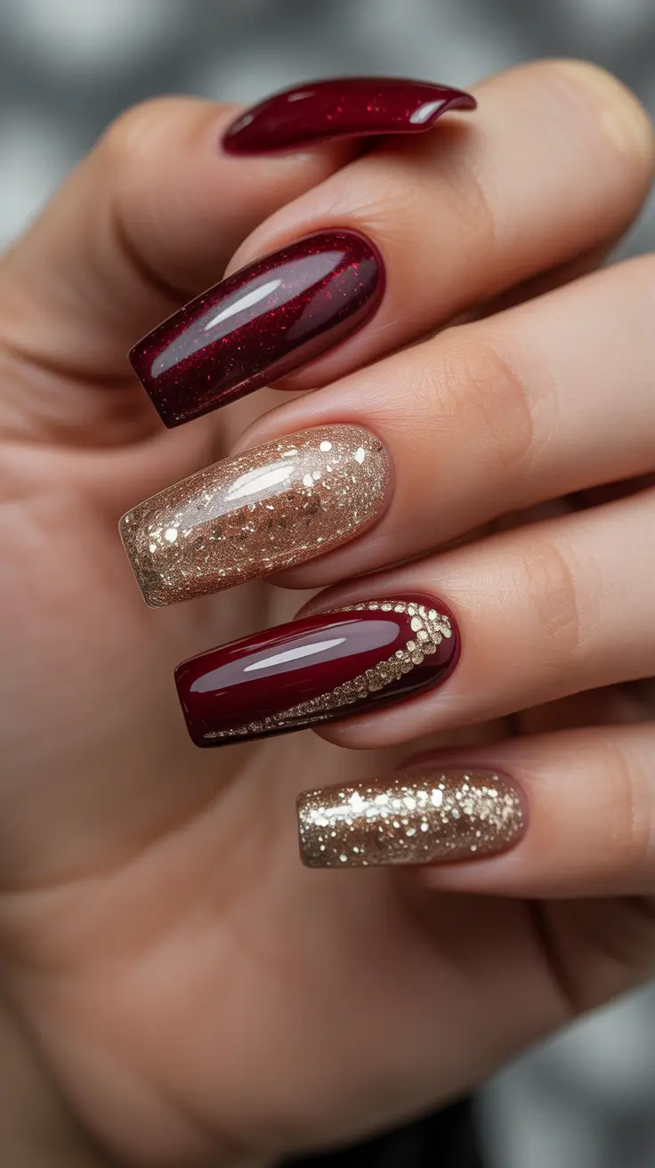 2025-2026 Modern Acrylic Nails Winter – Garnet and liquid-gold holiday almond