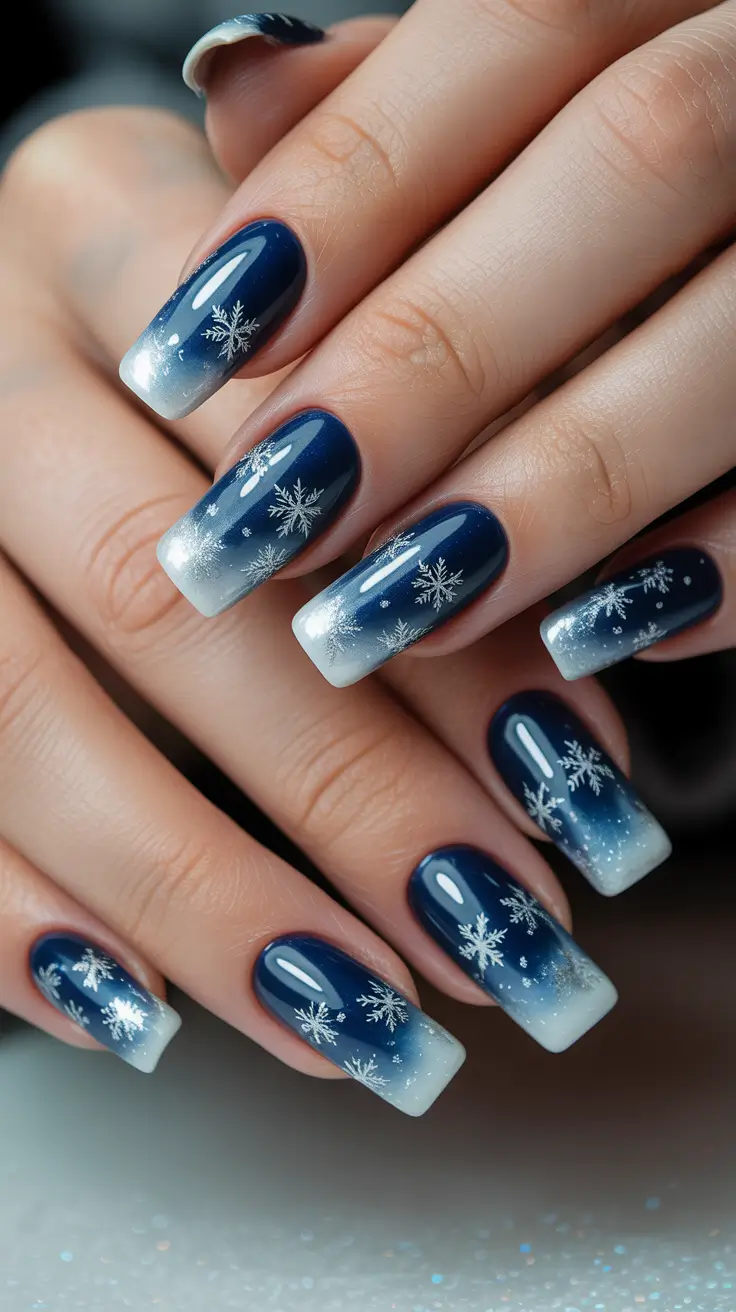 Modern Acrylic Nails Winter 2025–2026 – Navy Snowfall Ombre Square