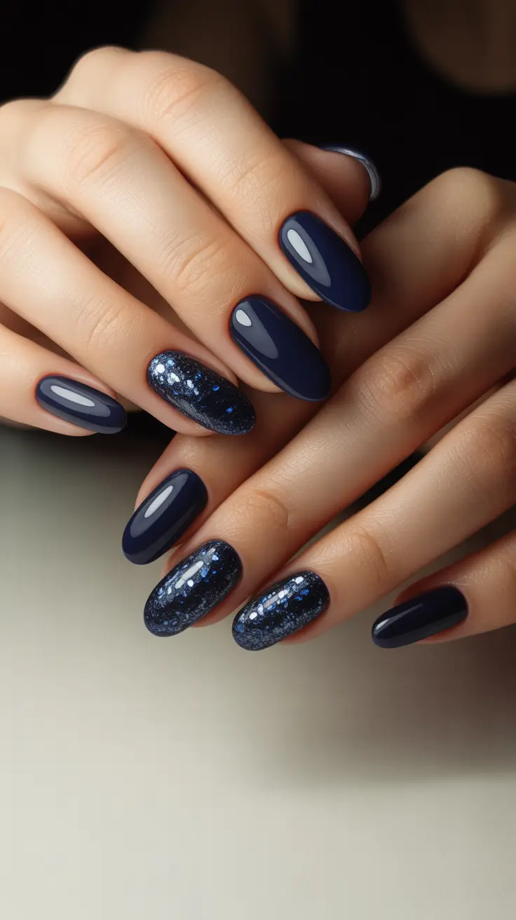 Modern Acrylic Nails Winter 2025-2026 – Midnight velvet almond with starry accents