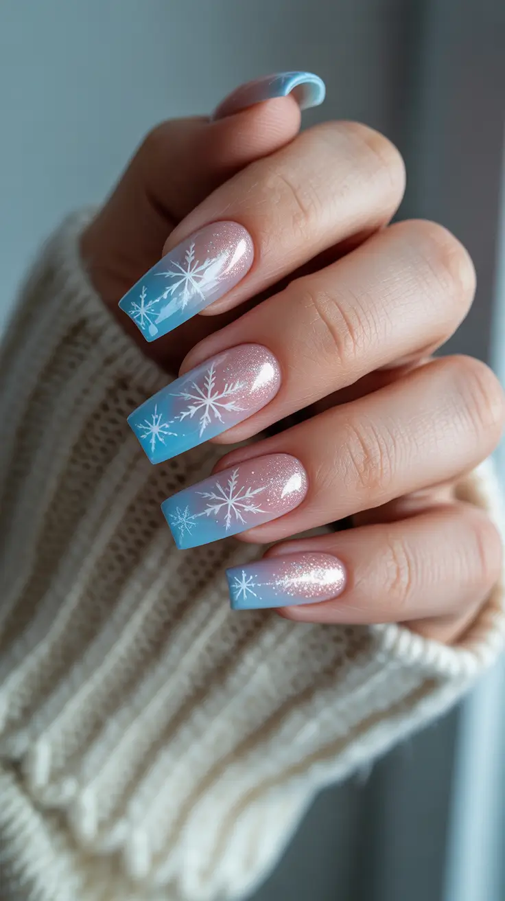 Modern Acrylic Nails Winter 2025-2026 – Glazed ice ombré with floating snowflakes