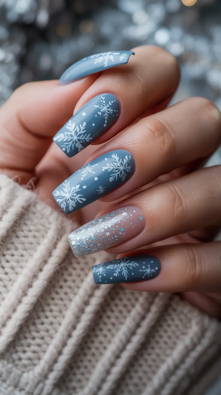 Modern Acrylic Nails Winter 2025-2026 – Slate snowstorm with a silver comet
