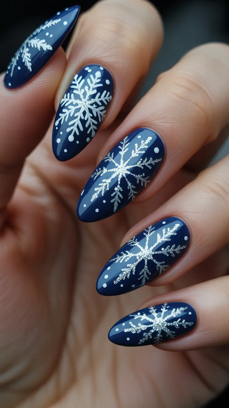 acrylic nails and color ideas winter 2025 2026 - Midnight Almond With Sparkling Snowflakes