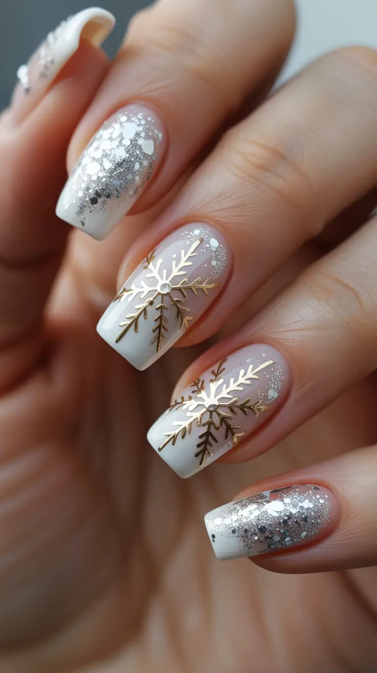 acrylic nails and color ideas winter 2025 - 2026 - Gilded Snowflakes with Milky White Tips
