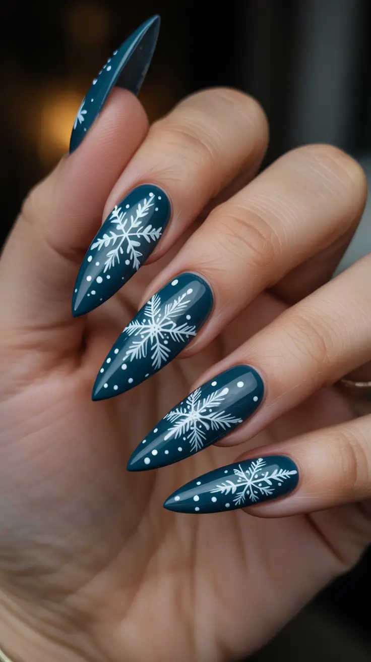 acrylic nails and color ideas winter 2025 2026 - Deep Teal Almond Snowfall